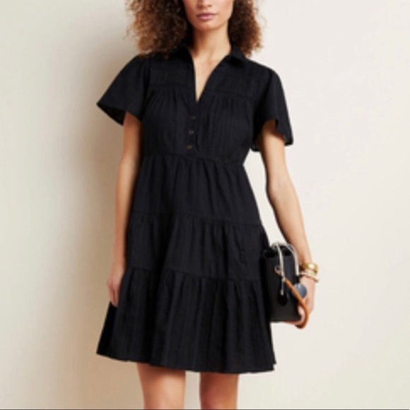 Anthropologie Dresses & Skirts - Anthropologie Georgina Black Tiered Collared Cotton Boho Shirt Dress Sz XL